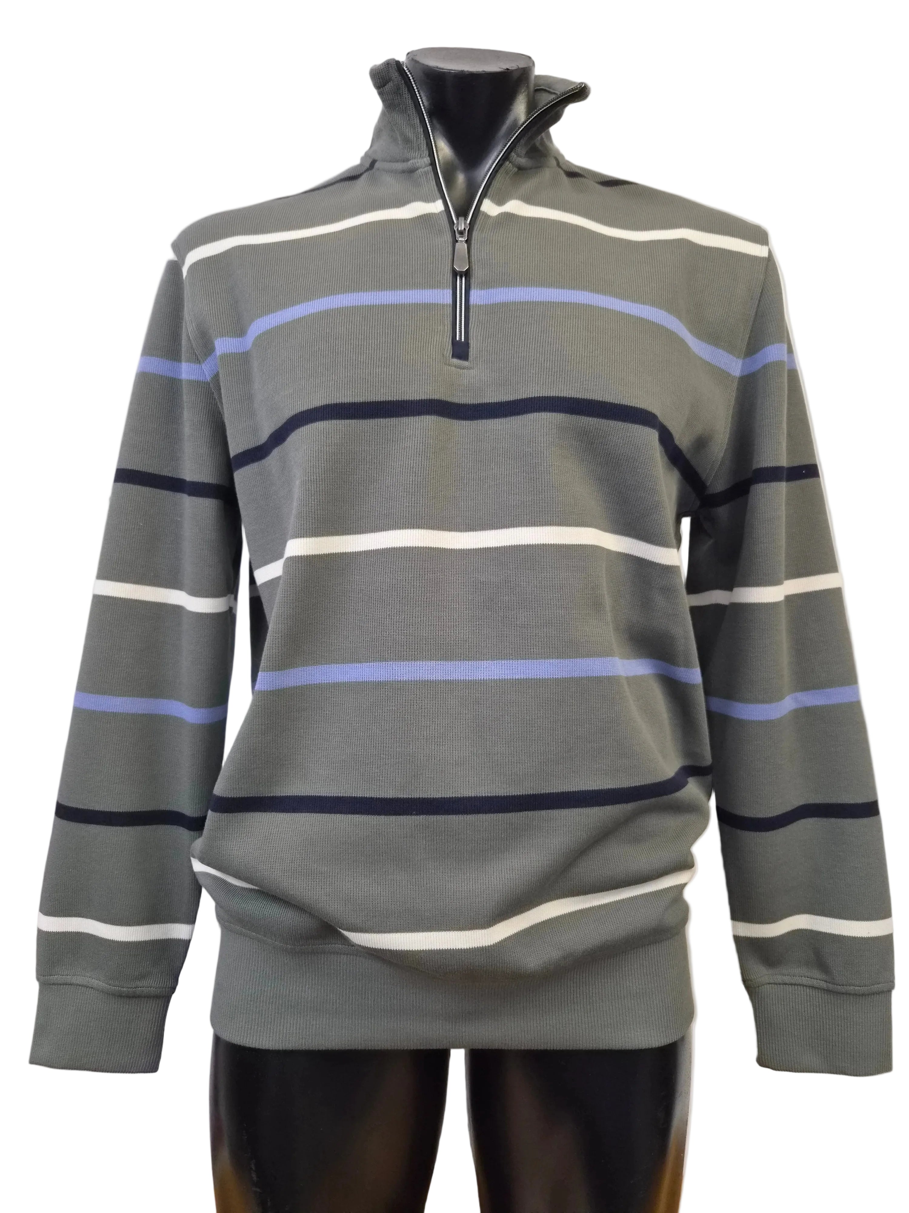 Moss striped sweater on a mannequin against a white background