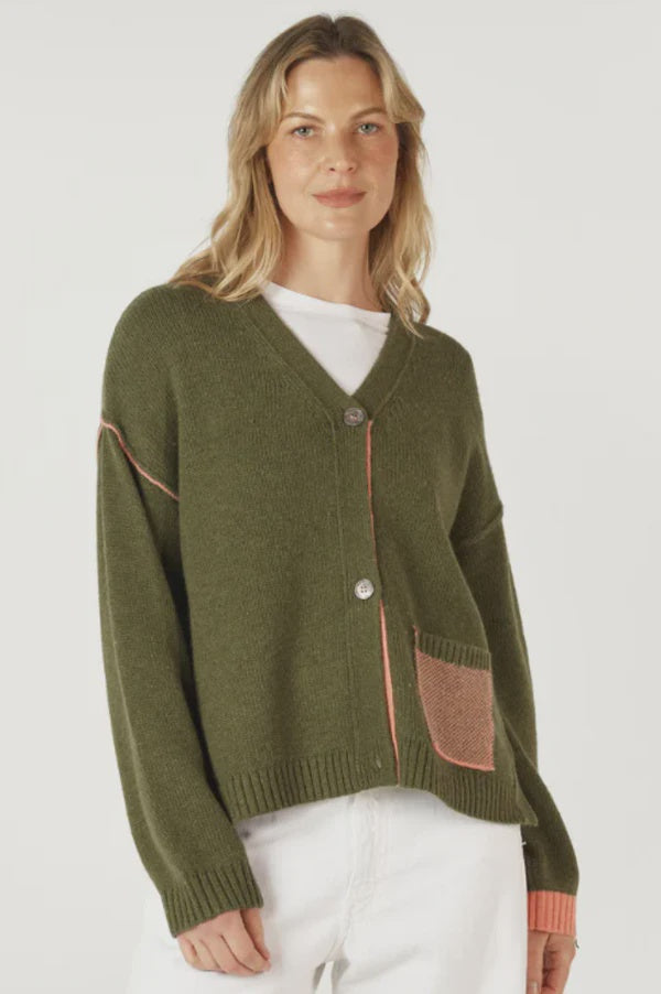 Birdseye Pocket Cardi - Olive - ZP7101