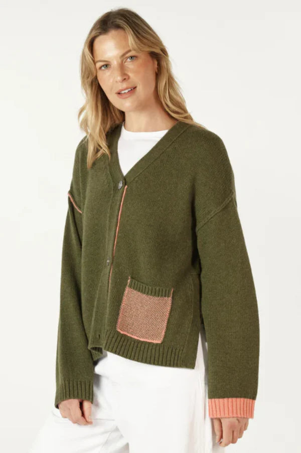 Birdseye Pocket Cardi - Olive - ZP7101