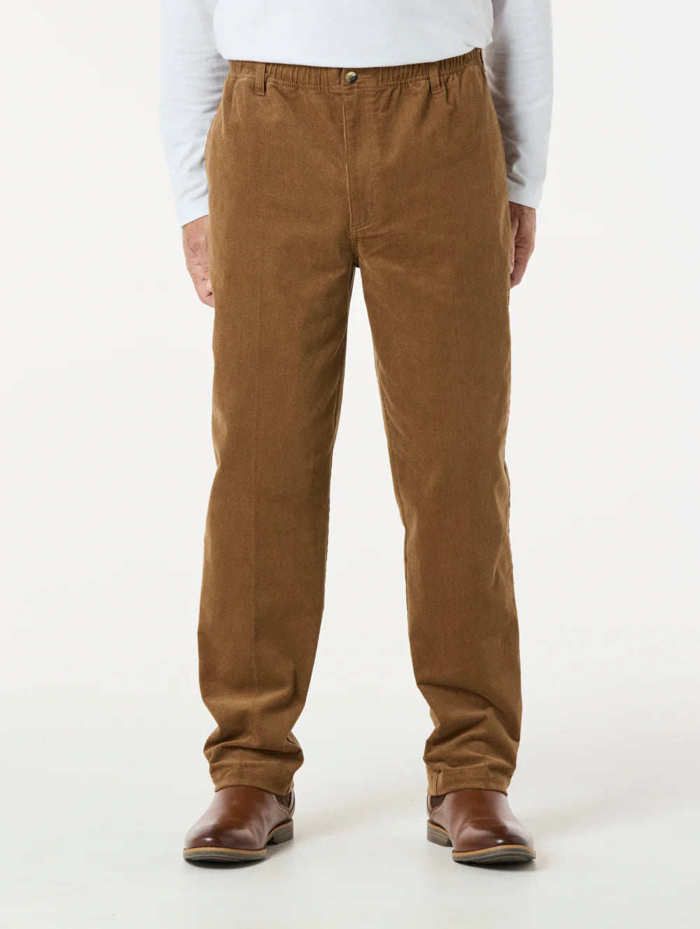 Brown pants worn by a person on a white background