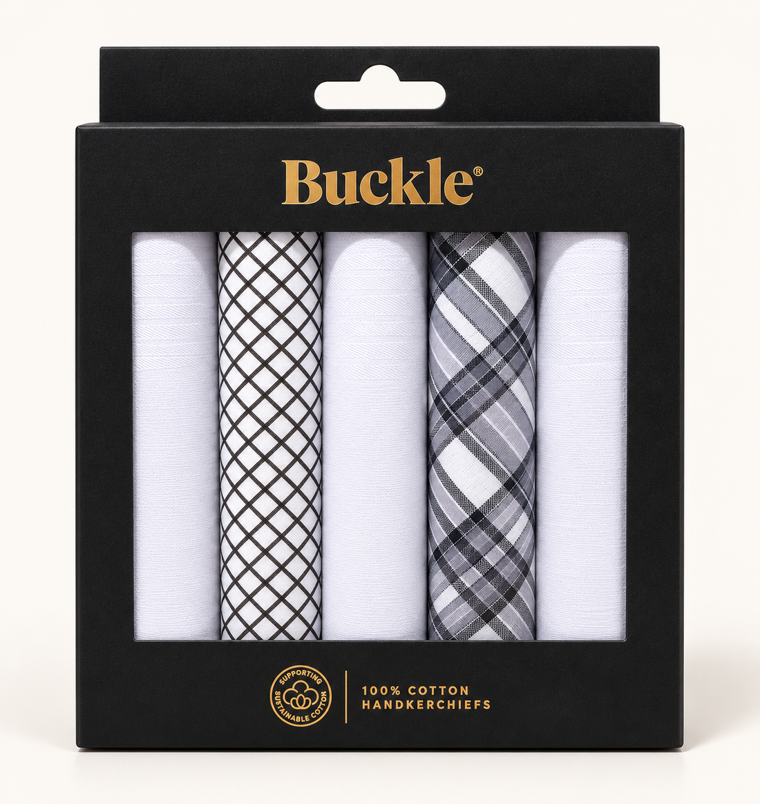 White &amp; Grey Plaid. Assorted 5 Pack. Handkerchiefs - Buckle