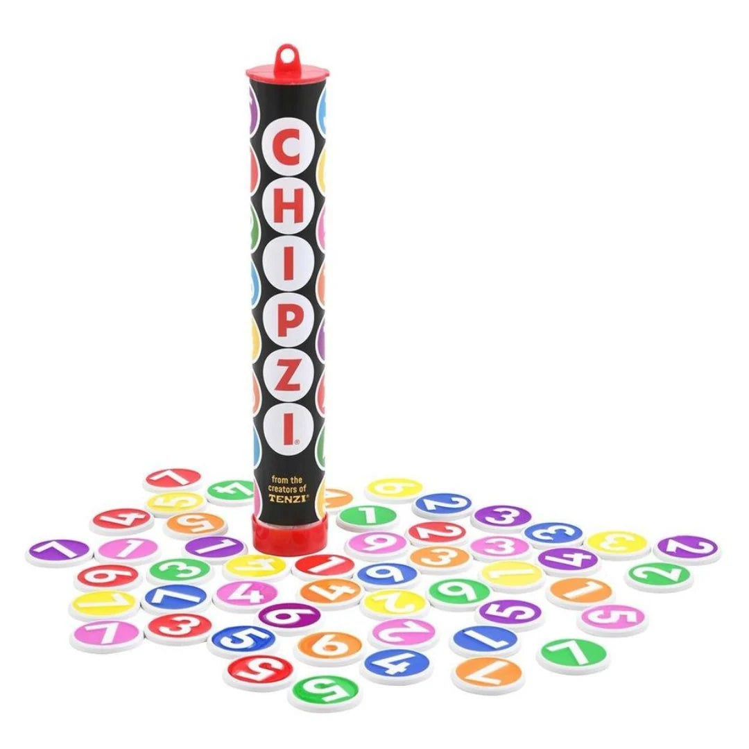 Colorful letter and number tiles with a cylindrical holder labeled &