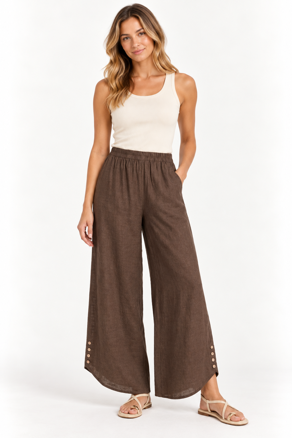 Chocolate Button Hem Wide Leg Pants – Corfu