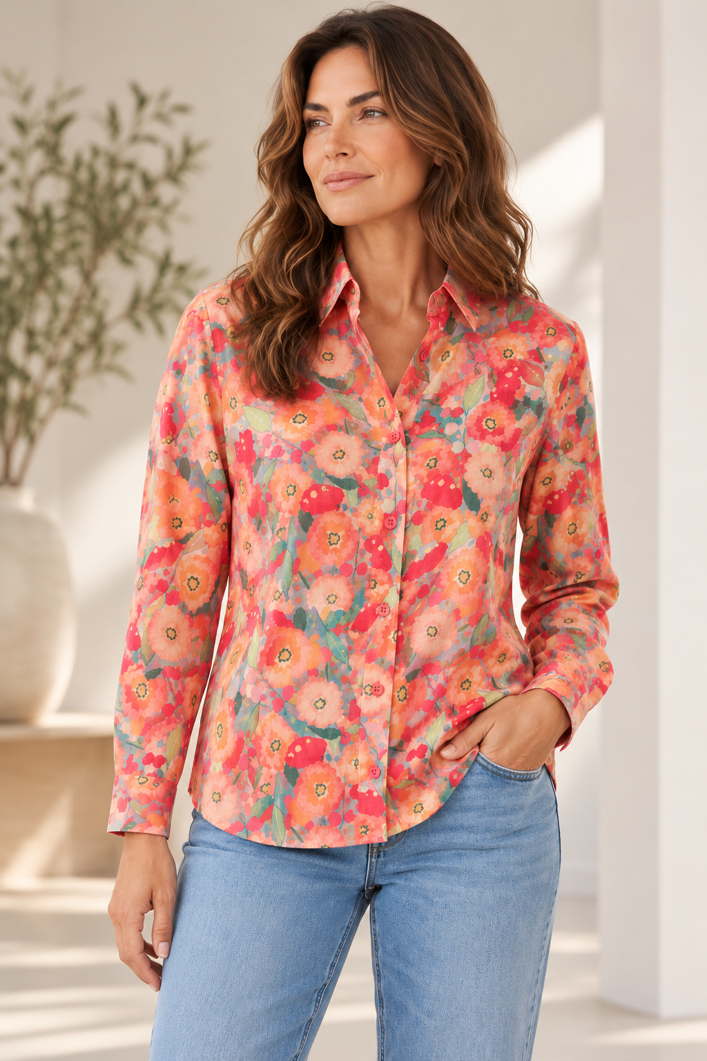 Cotton 3/4 Sleeve Shirt Cottage Garden Print - Equinox