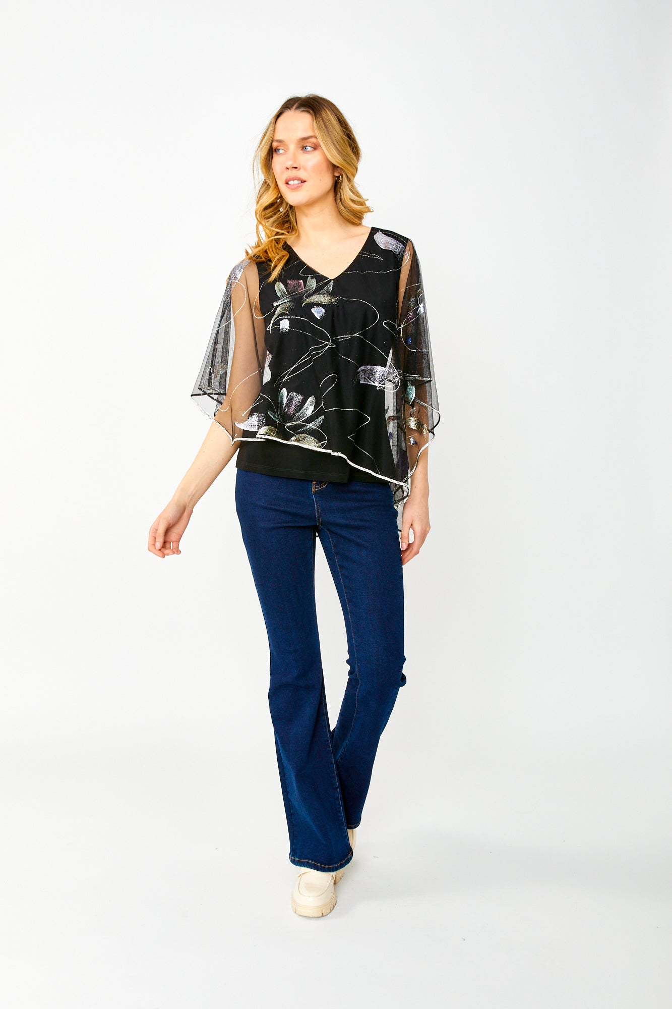 Frank Lyman 249132 Sheer Metallic V-Neck Top