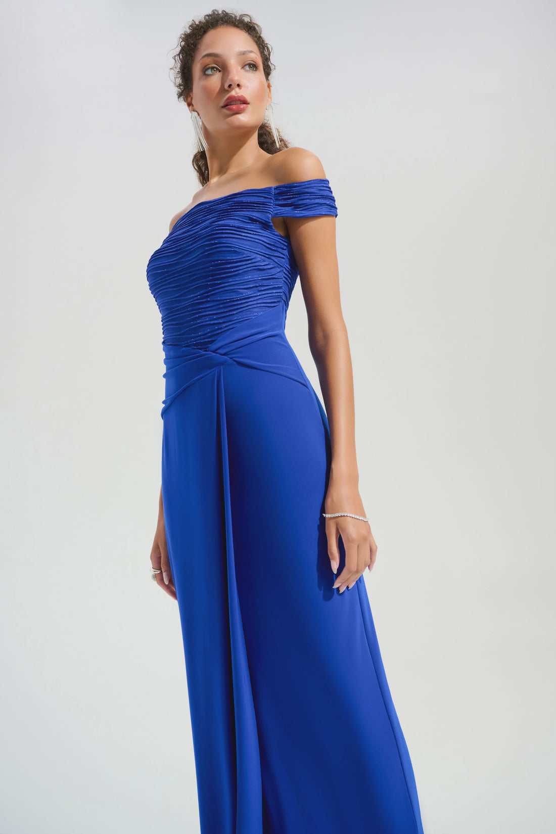 261733 Signature Silky Knit And Cascade Off-Shoulder Sheath Gown