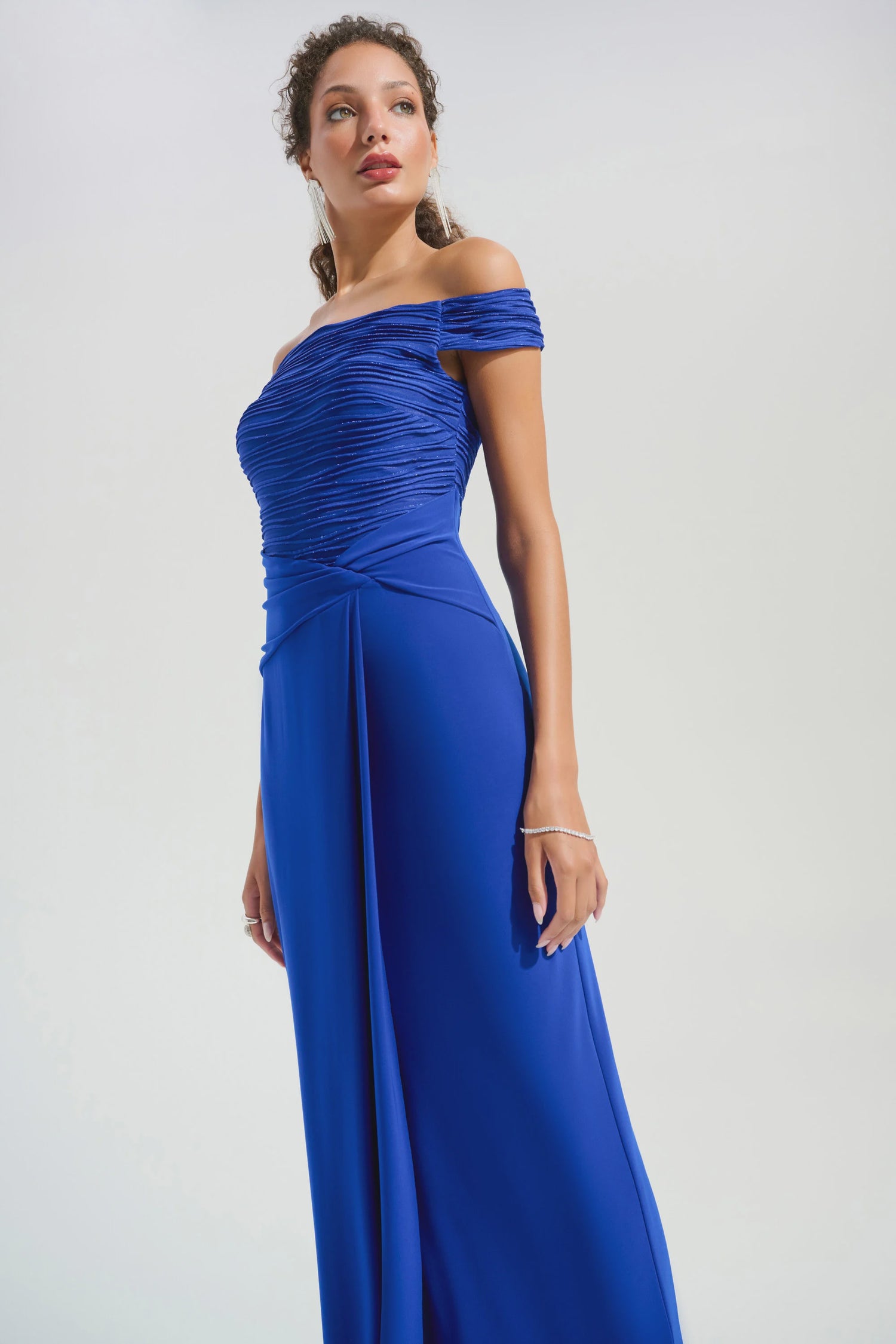 261733 Signature Silky Knit And Cascade Off-Shoulder Sheath Gown