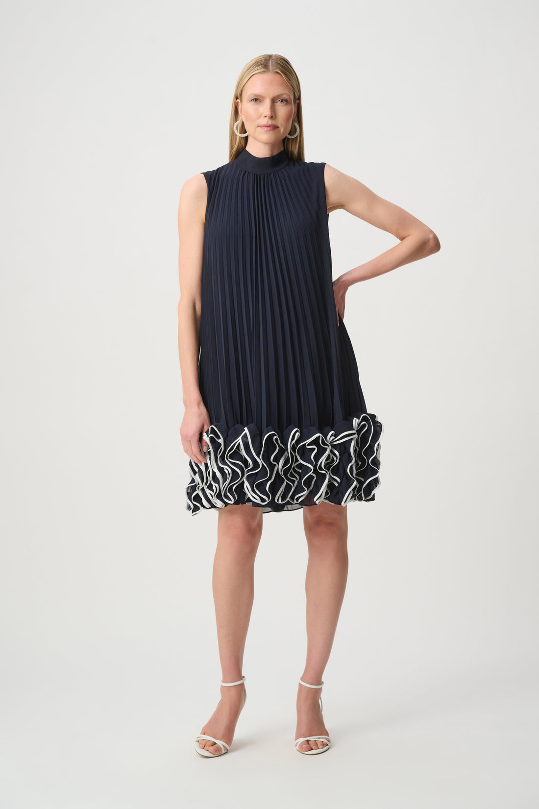 Chiffon Ruffle Hem Trapeze Dress Midnight Blue/Vanilla Dress - Joseph Ribkoff