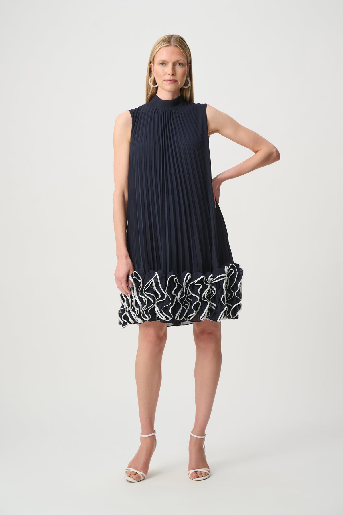 Chiffon Ruffle Hem Trapeze Dress Midnight Blue/Vanilla Dress - Joseph Ribkoff