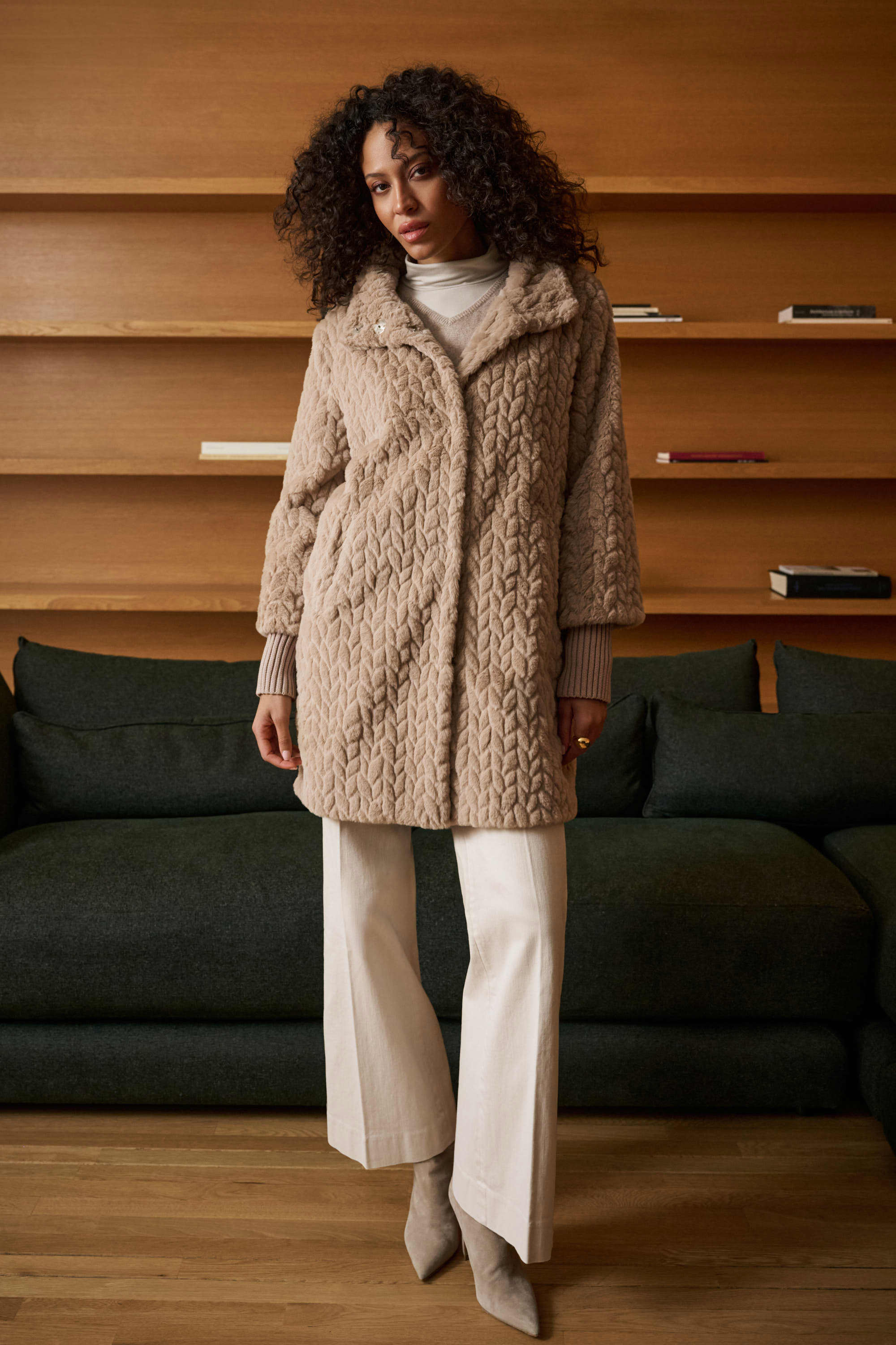 Textured Faux Fur Mock-Neck Coat - Joseph Ribkoff
