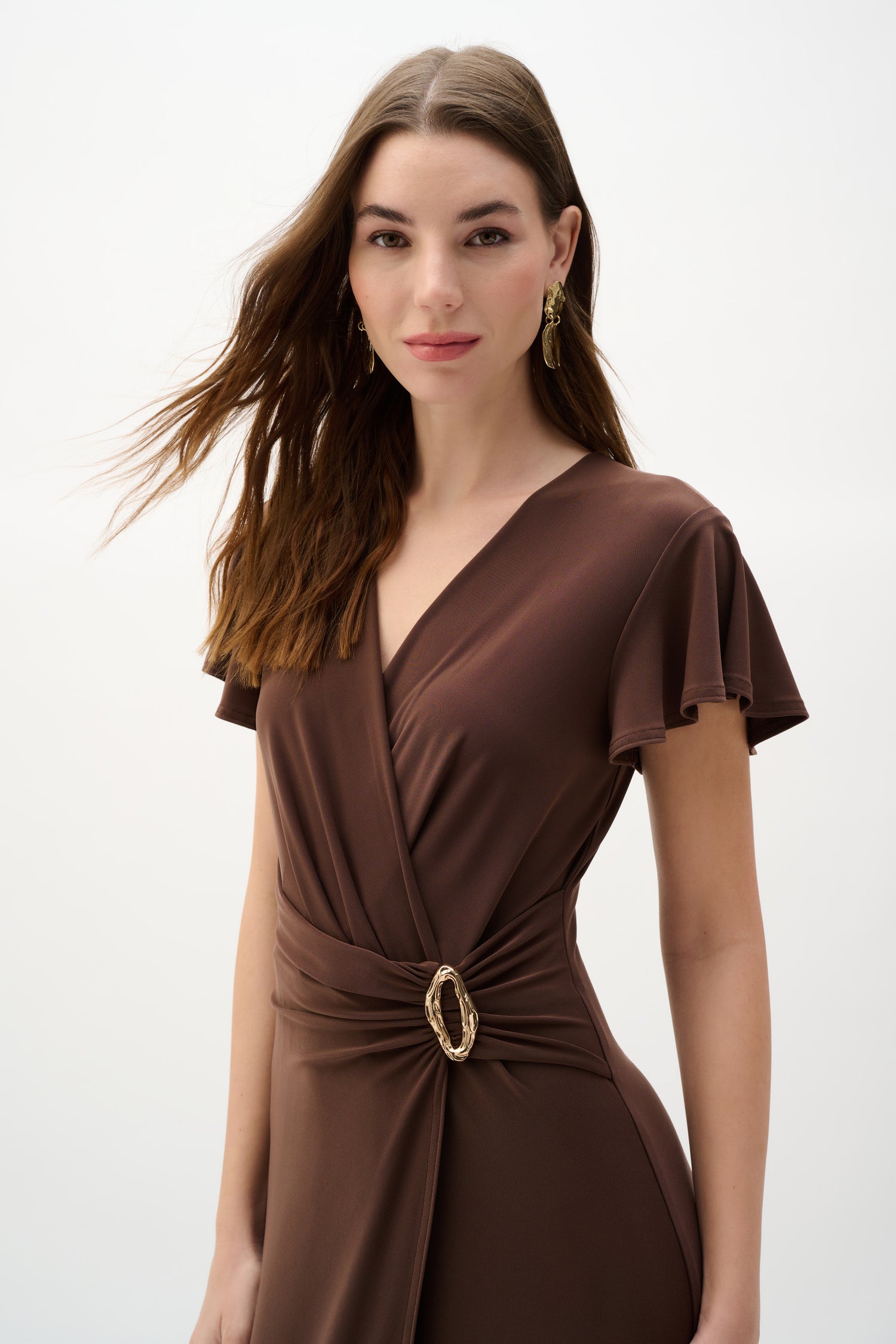 V-neck Belted Wrap Dress Mahogany - Joseph Ribkoff