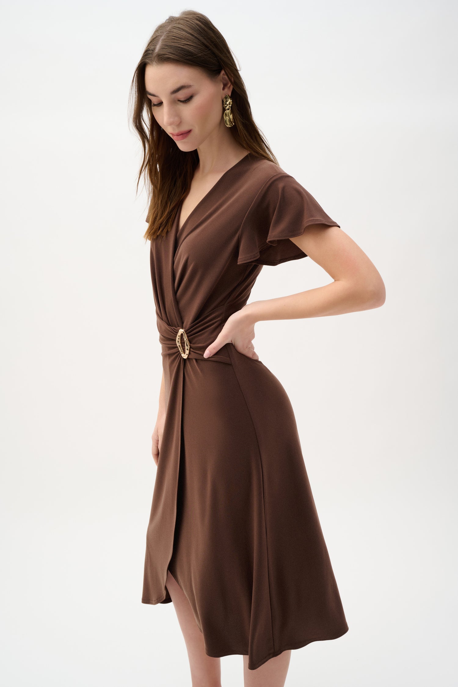 V-neck Belted Wrap Dress Mahogany - Joseph Ribkoff