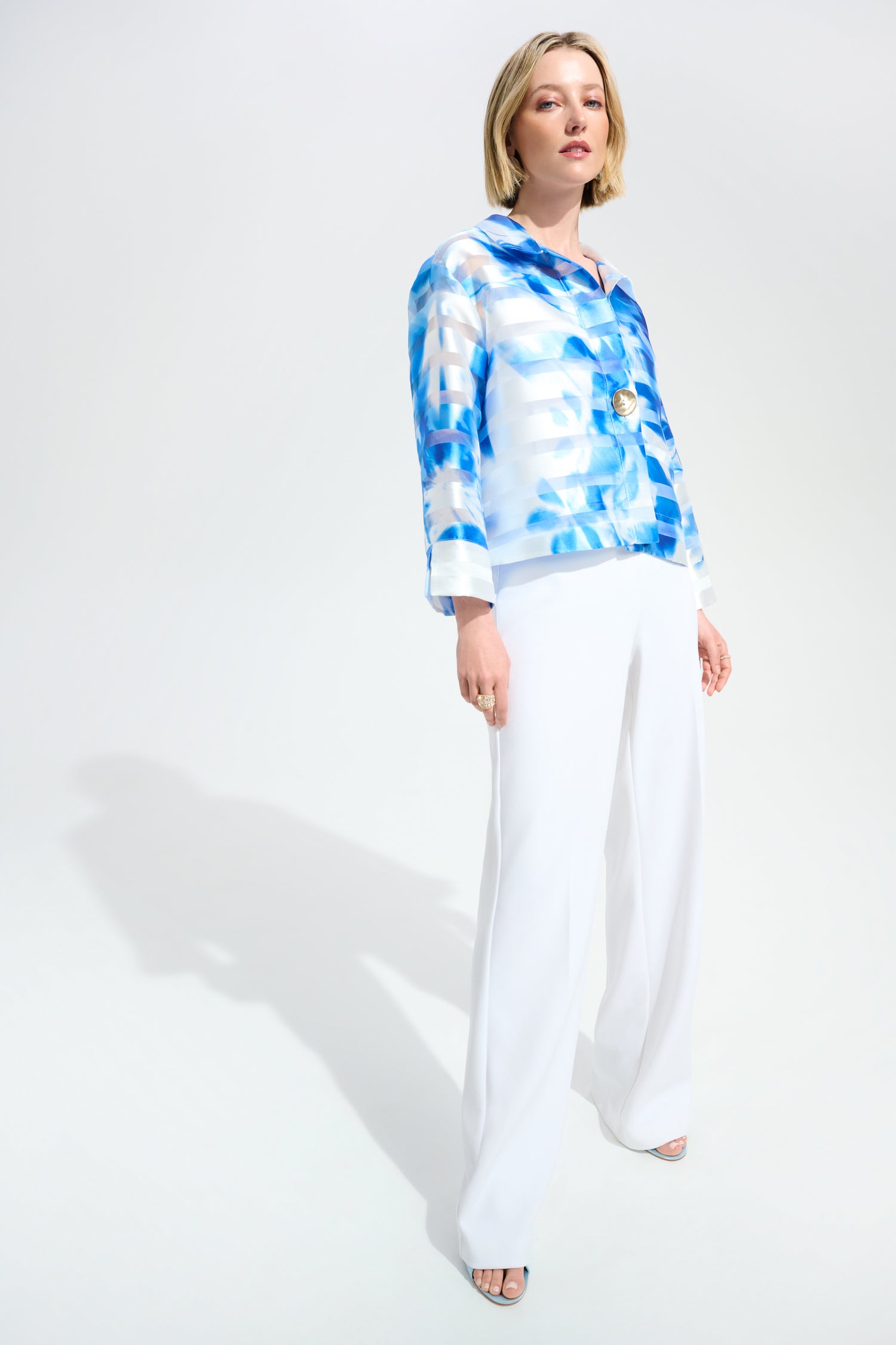 261747 Signature Jacquard Organza Floral Print Trapeze Jacket With Statement Button