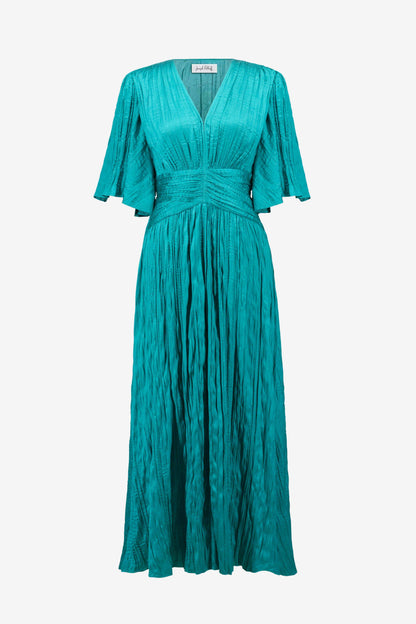 261962 Satin Fit and Flare Pleated Dress with Knot Waist Detail