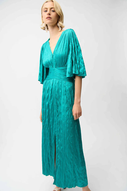 261962 Satin Fit and Flare Pleated Dress with Knot Waist Detail