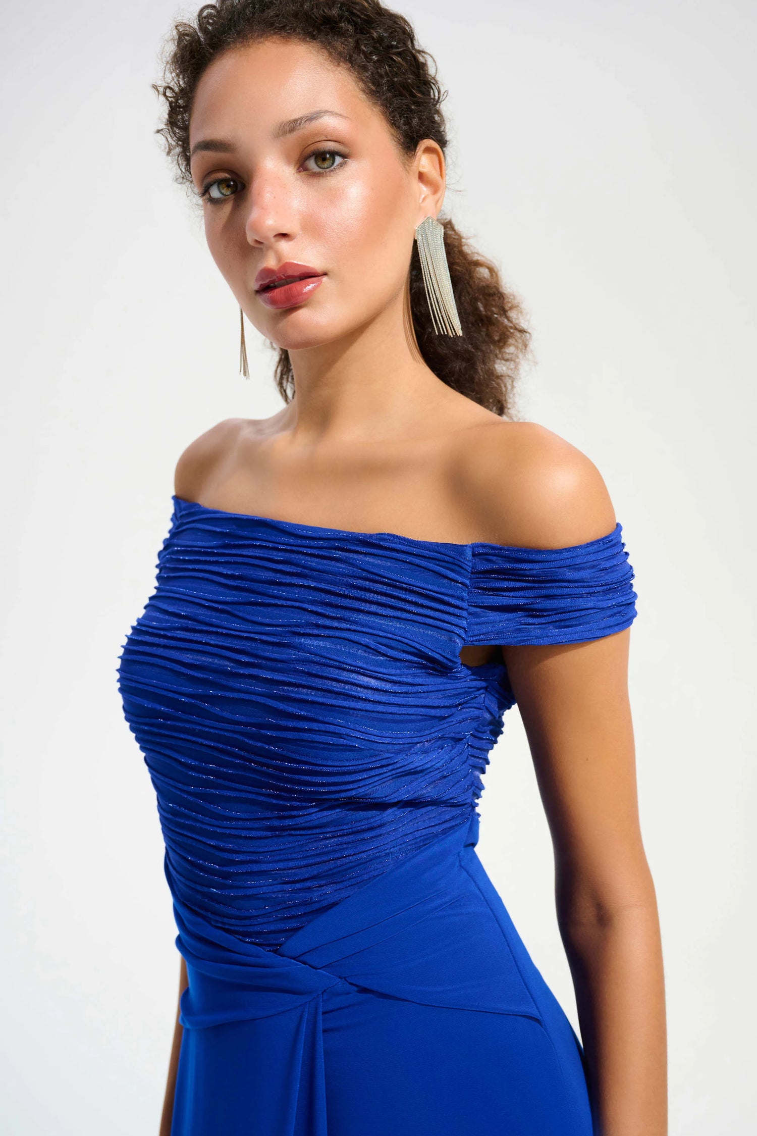 261733 Signature Silky Knit And Cascade Off-Shoulder Sheath Gown