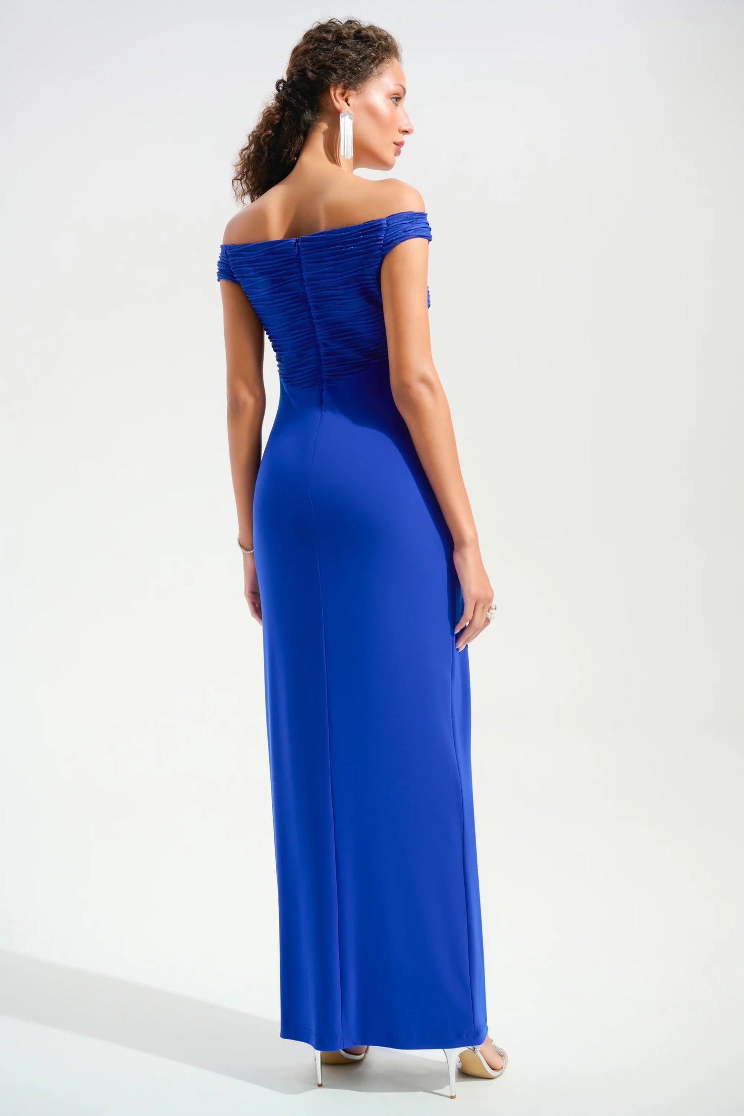 261733 Signature Silky Knit And Cascade Off-Shoulder Sheath Gown