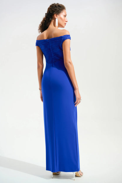 261733 Signature Silky Knit And Cascade Off-Shoulder Sheath Gown