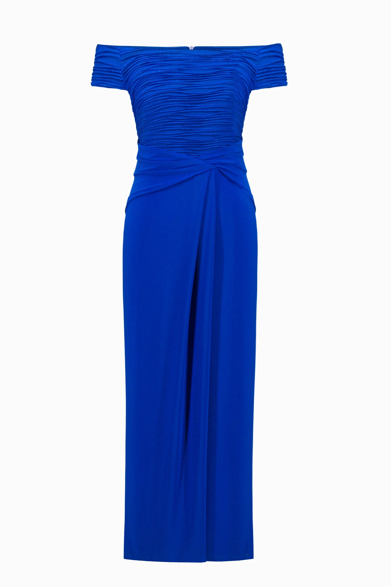261733 Signature Silky Knit And Cascade Off-Shoulder Sheath Gown