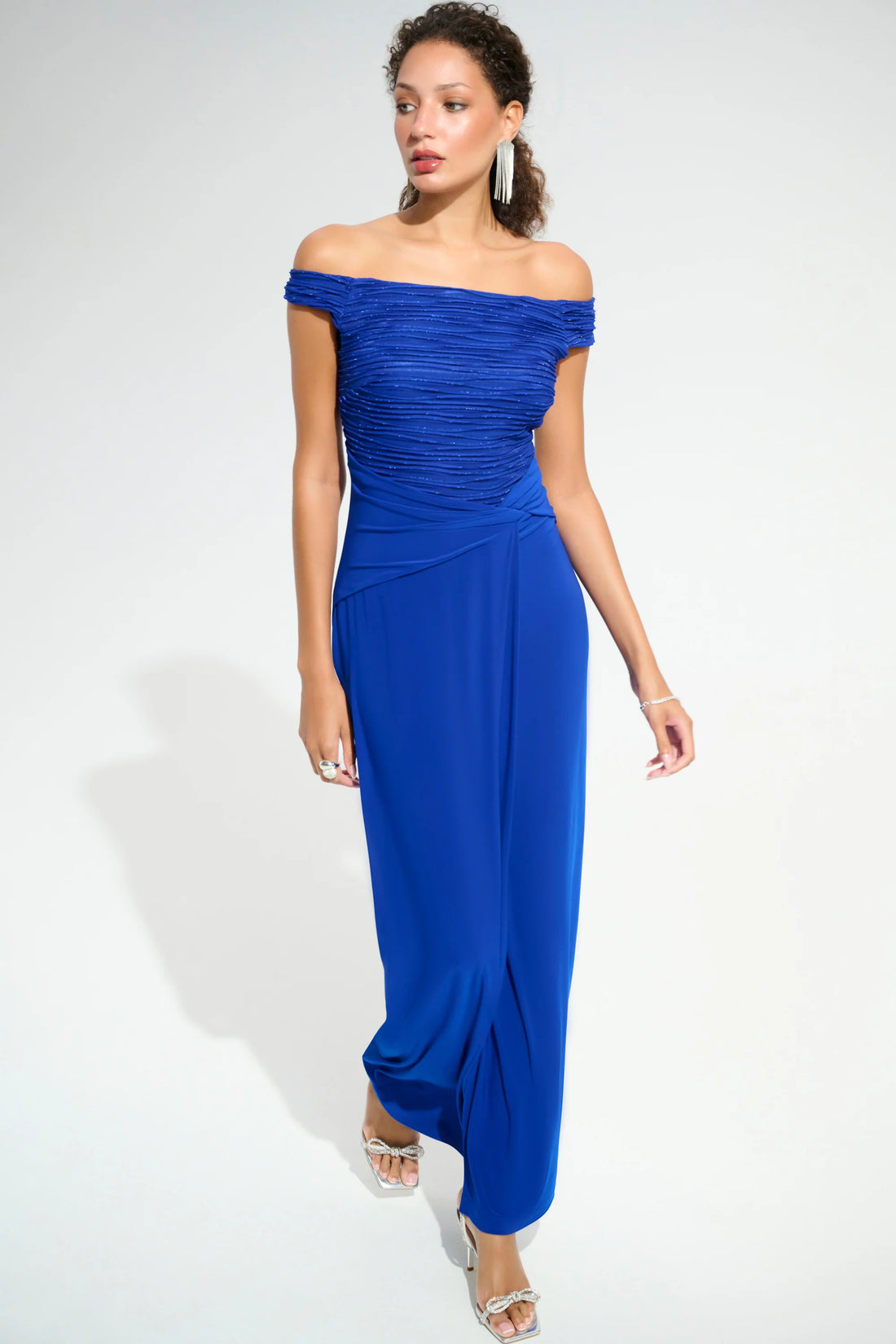 261733 Signature Silky Knit And Cascade Off-Shoulder Sheath Gown