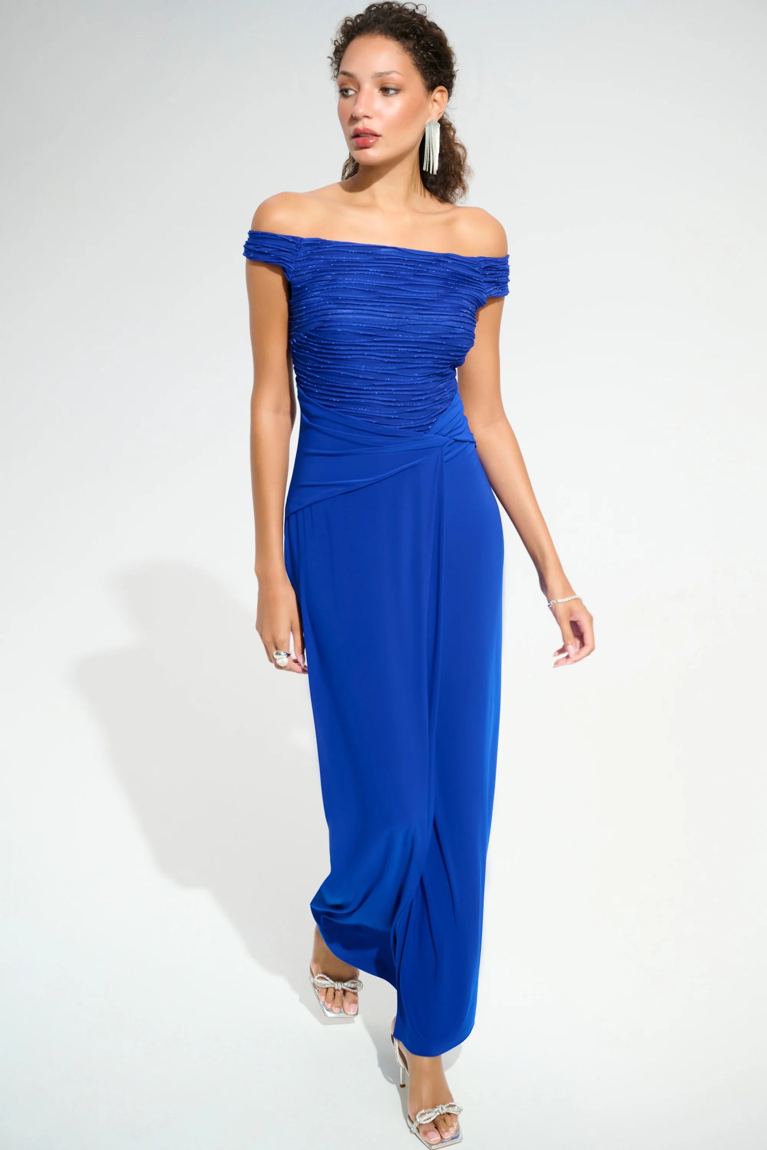 261733 Signature Silky Knit And Cascade Off-Shoulder Sheath Gown