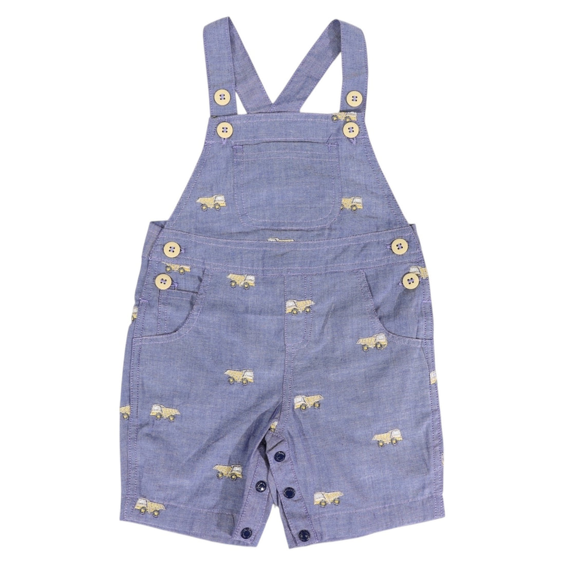 Blue denim overalls with bear pattern on a white background