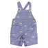 Blue denim overalls with bear pattern on a white background
