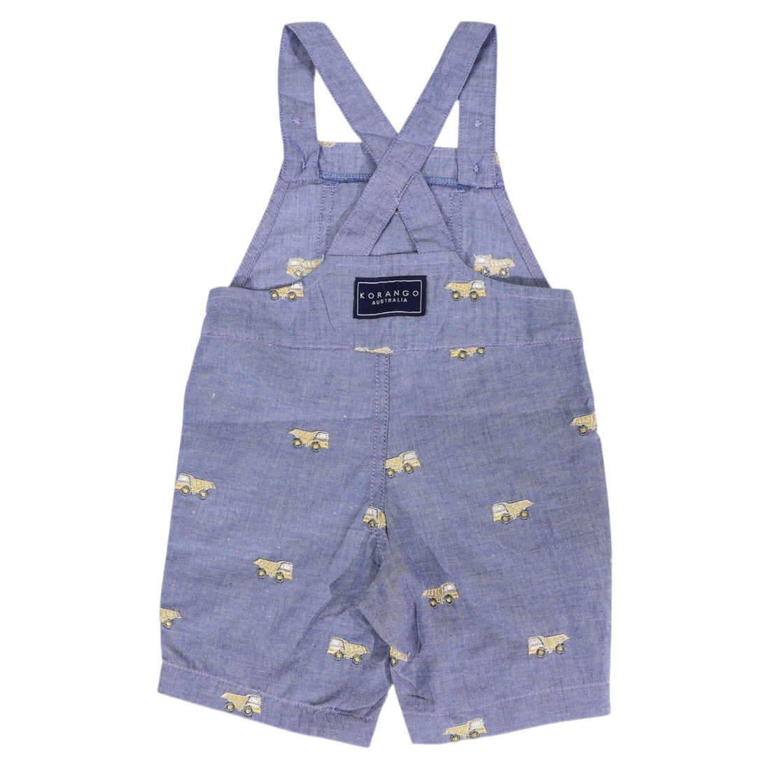 Blue denim overalls with bear pattern on a white background