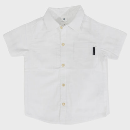 White short-sleeve shirt with buttons on a light gray background