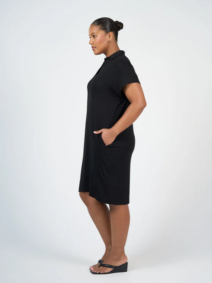Naomi Bamboo Collared T-Shirt Dress Black - Lou Lou