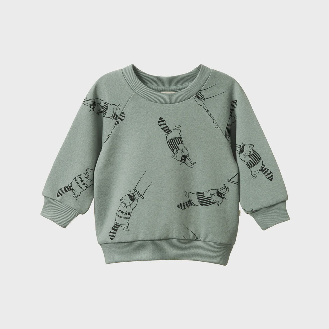 Green sweatshirt with black illustrations on a light gray background