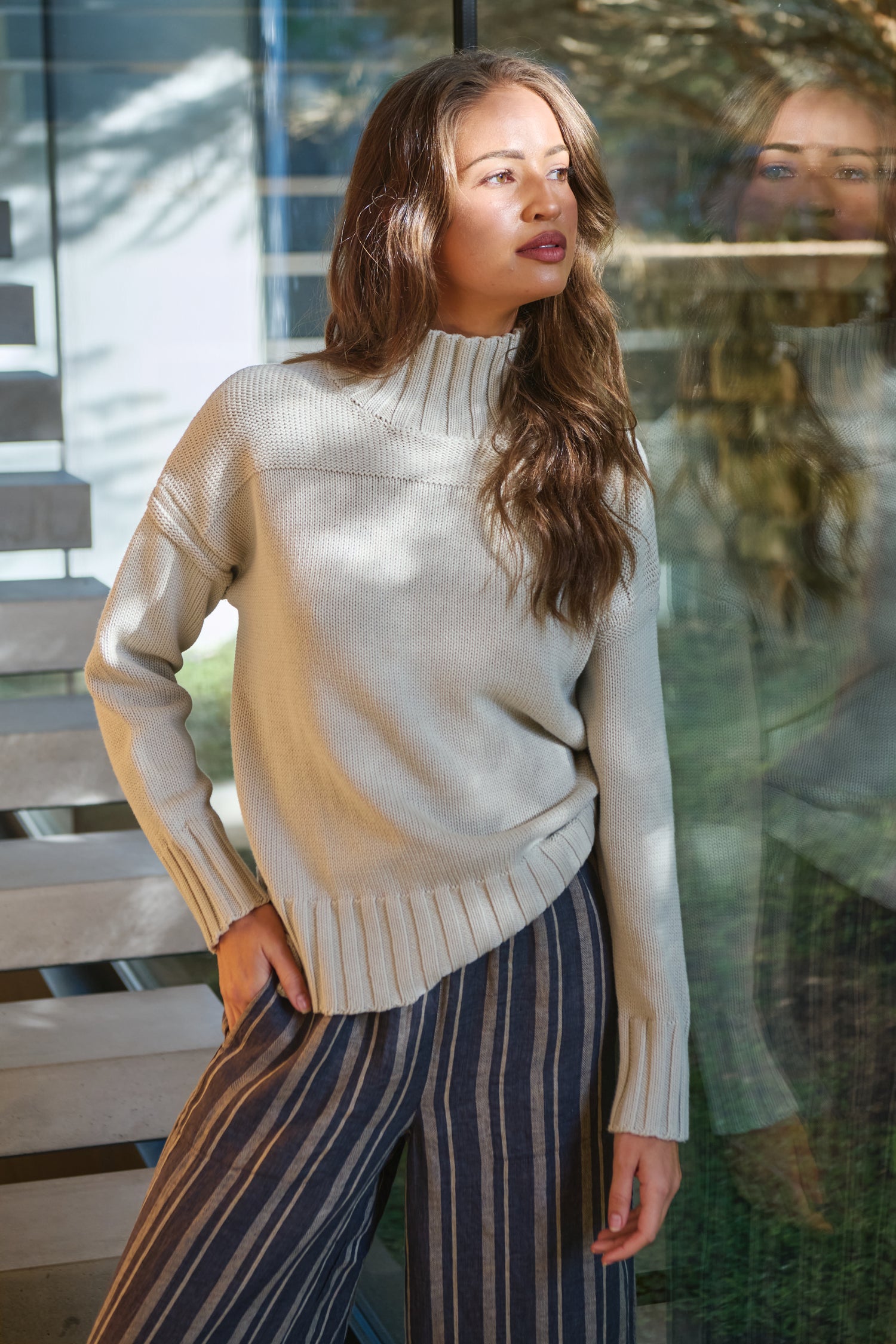 Cotton Turtleneck Jumper Wishbone Naturals by O &amp; J