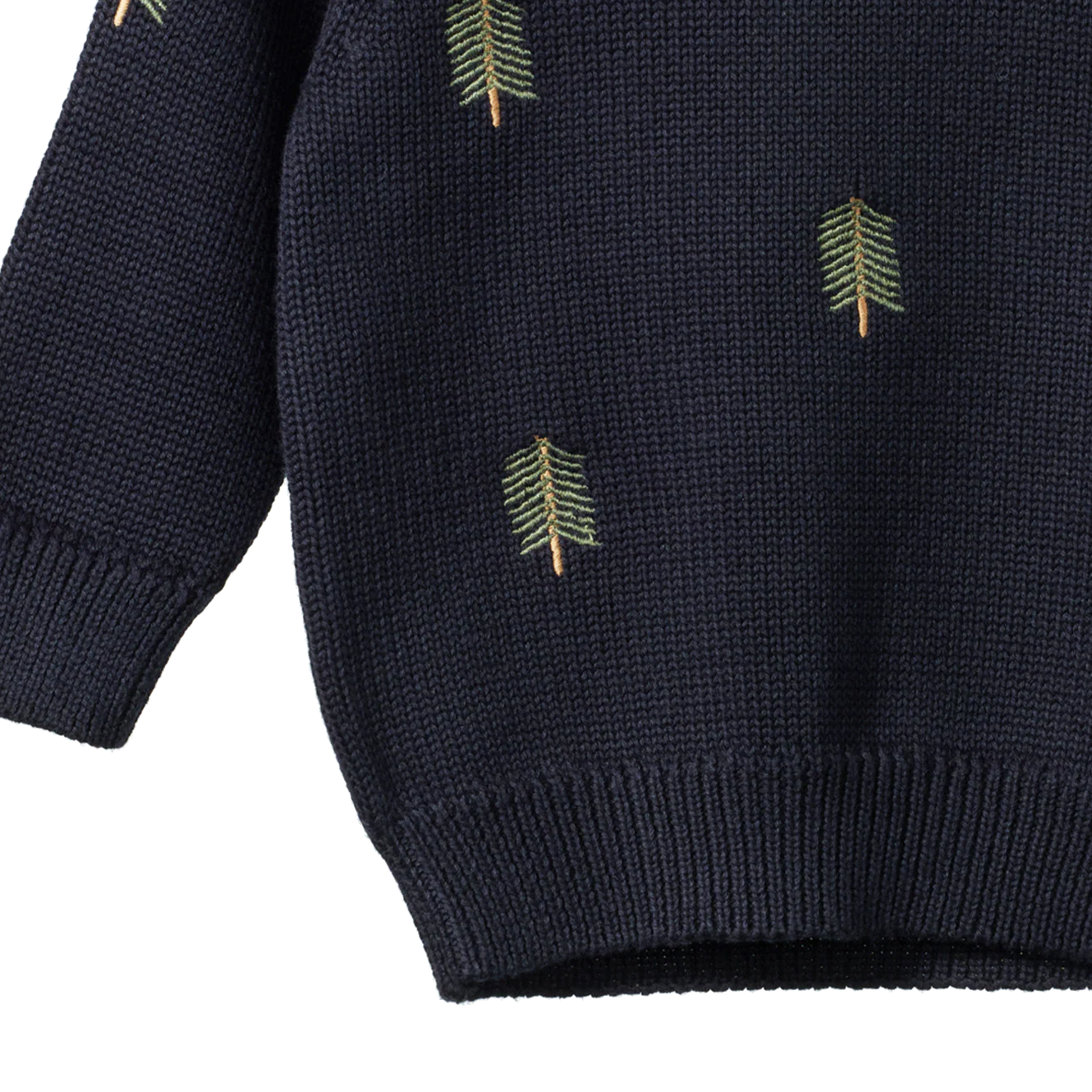 Navy blue sweater with green leaf patterns on a white background