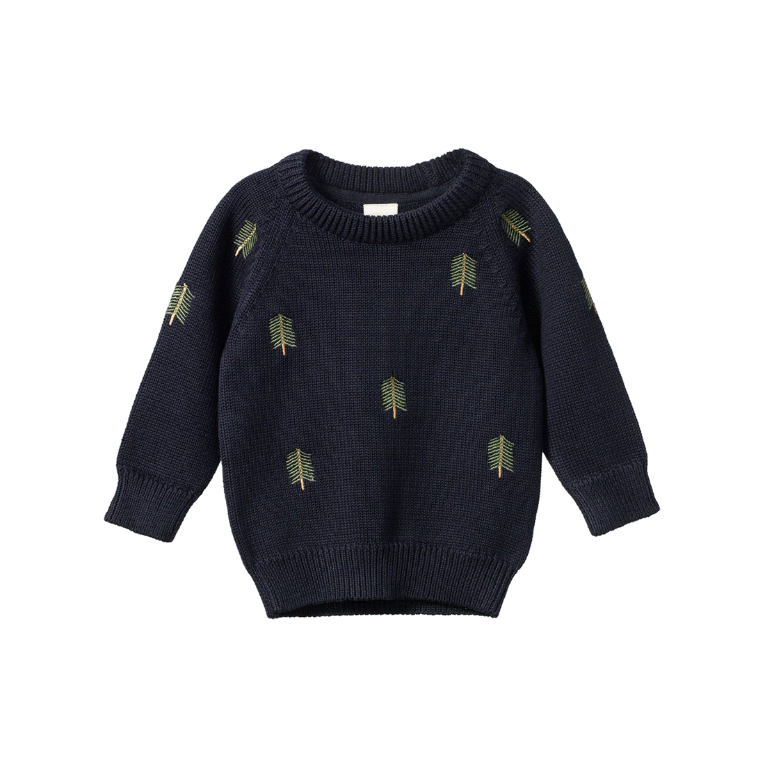 Navy blue sweater with green leaf patterns on a white background
