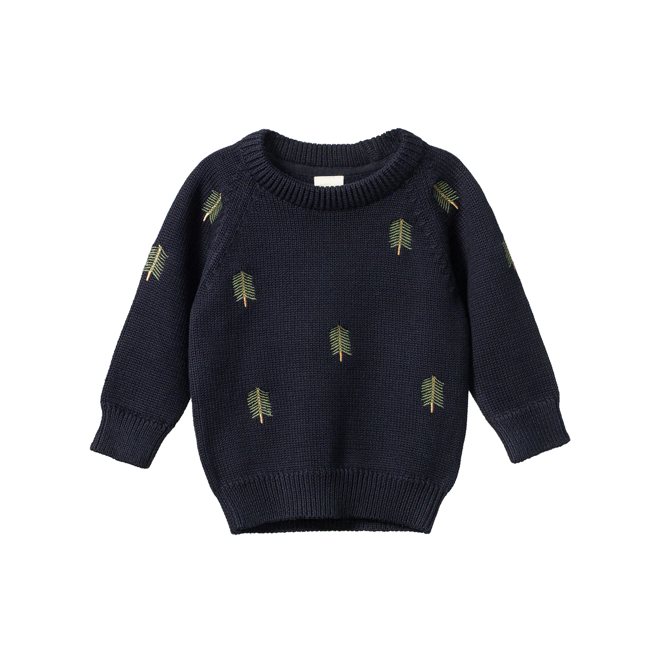 Navy blue sweater with green leaf patterns on a white background