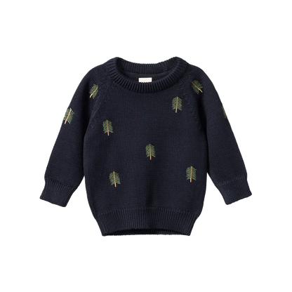 Navy blue sweater with green leaf patterns on a white background