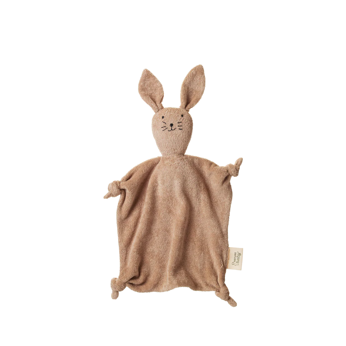 Brown knitted bunny comfort blanket on a white background
