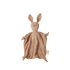Brown knitted bunny comfort blanket on a white background