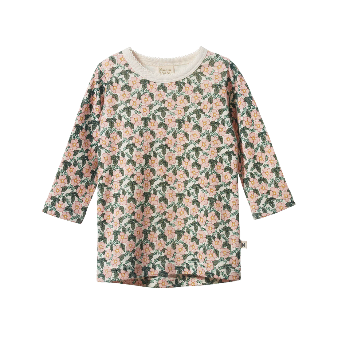 Floral patterned dress with long sleeves on a white background