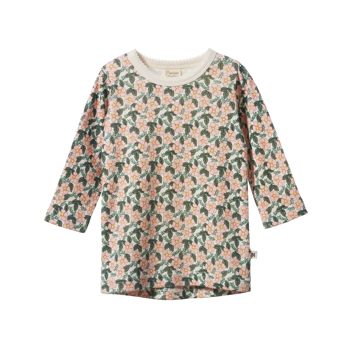 Floral patterned dress with long sleeves on a white background