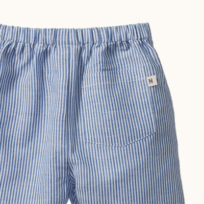 Blue and white striped shorts with a brand logo on a black background