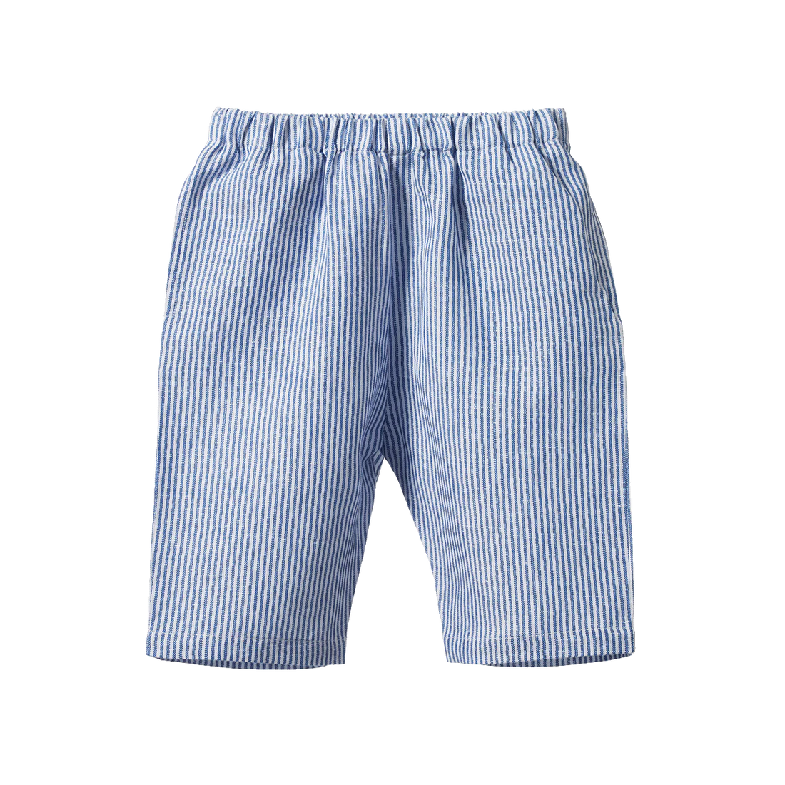 Blue and white striped shorts on a white background