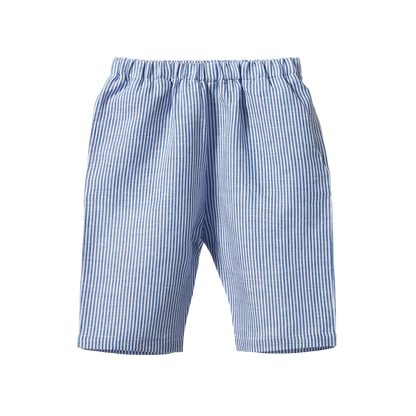 Blue and white striped shorts on a white background