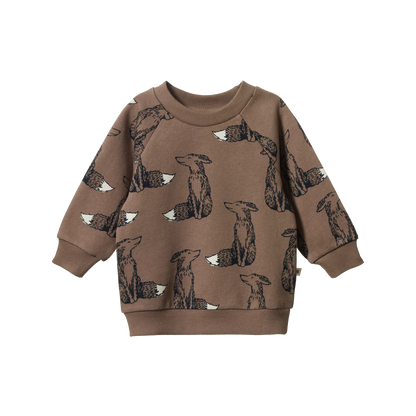 Brown sweatshirt with fox pattern on a white background