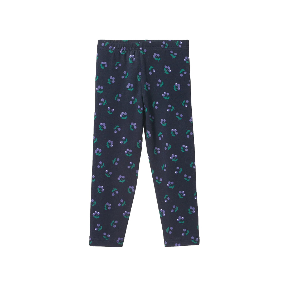 Navy blue leggings with floral pattern on a white background