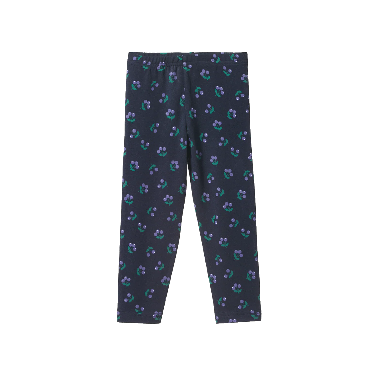 Navy blue leggings with floral pattern on a white background
