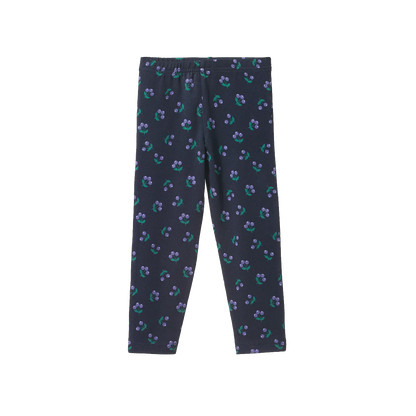 Navy blue leggings with floral pattern on a white background