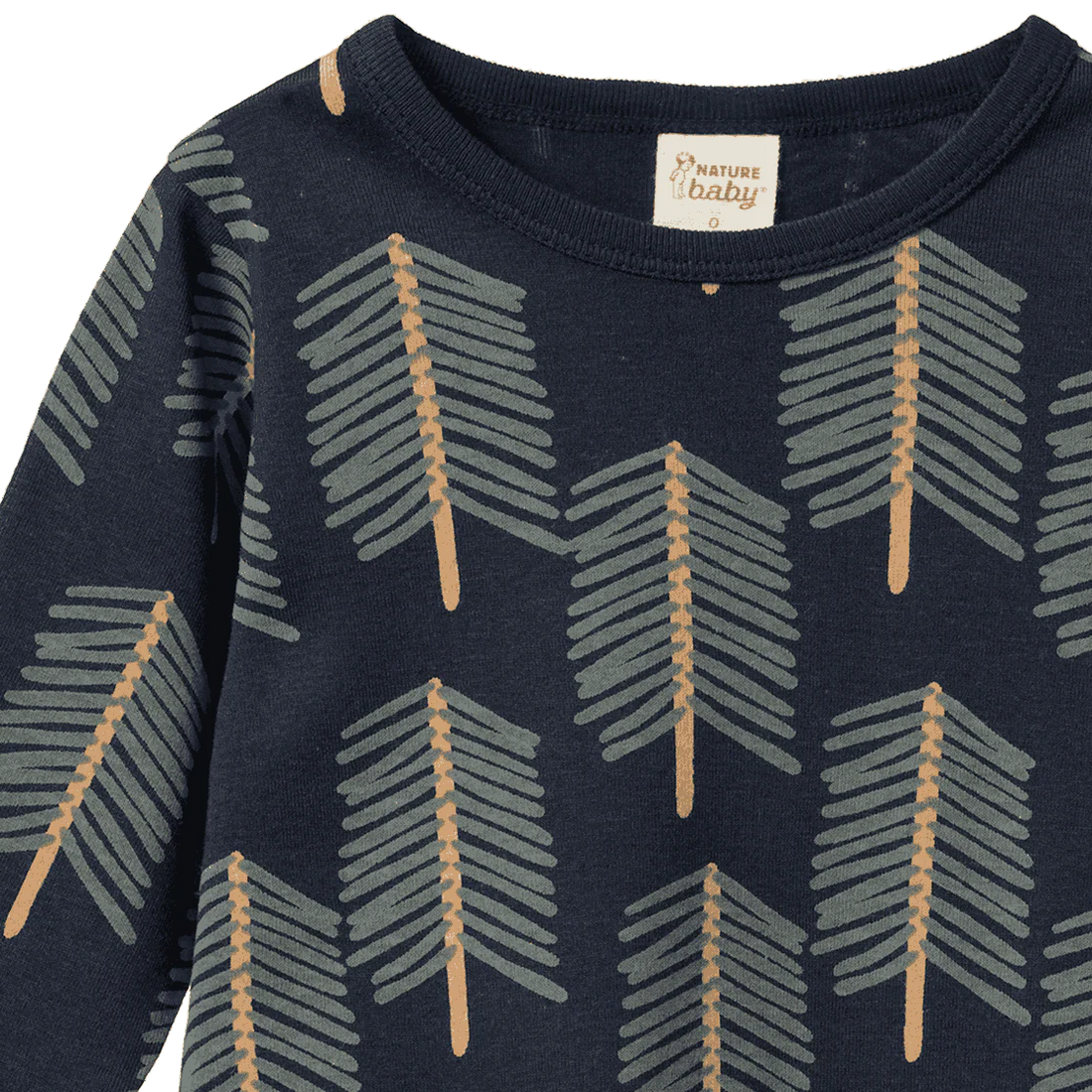 Navy blue long-sleeve shirt with leaf pattern and &