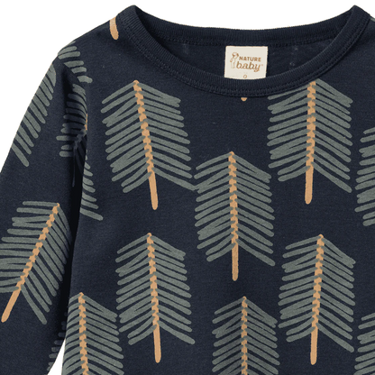 Navy blue long-sleeve shirt with leaf pattern and &