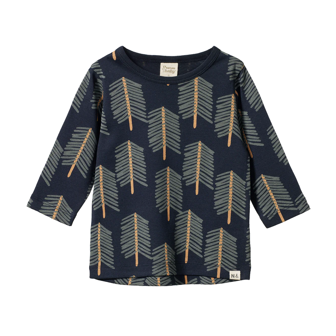 Navy blue long-sleeve shirt with arrow pattern on a white background